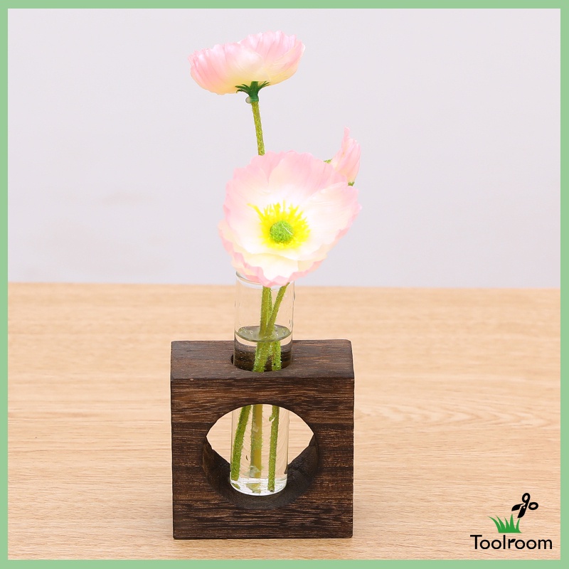 Lọ hoa thủy tinh có bệ đỡ bằng gỗ phong cách nghệ thuật thời trang