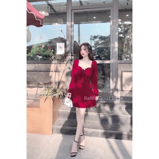đầm xoè nhung cúp ngực,váy nữ đỏ nhung mùa noel cho bạn gái đi chơi đi tiệc đều xinh ạ
