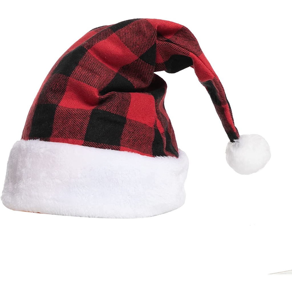 Mũ ông già noel phối vải lông họa tiết kẻ sọc ca rô màu đen/ màu đỏ đáng yêu