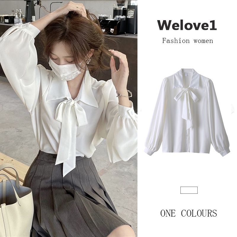 Áo sơ mi tay dài cổ bẻ thắt nơ dáng rộng màu trắng phong cách Hàn Quốc mùa thu thời trang mới dành cho nữ
