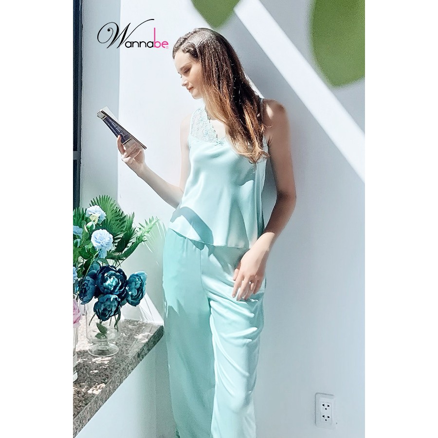 Đồ bộ mặc nhà phi lụa Wannabe, bộ dài BDS04 viền ren hoa nữ tính