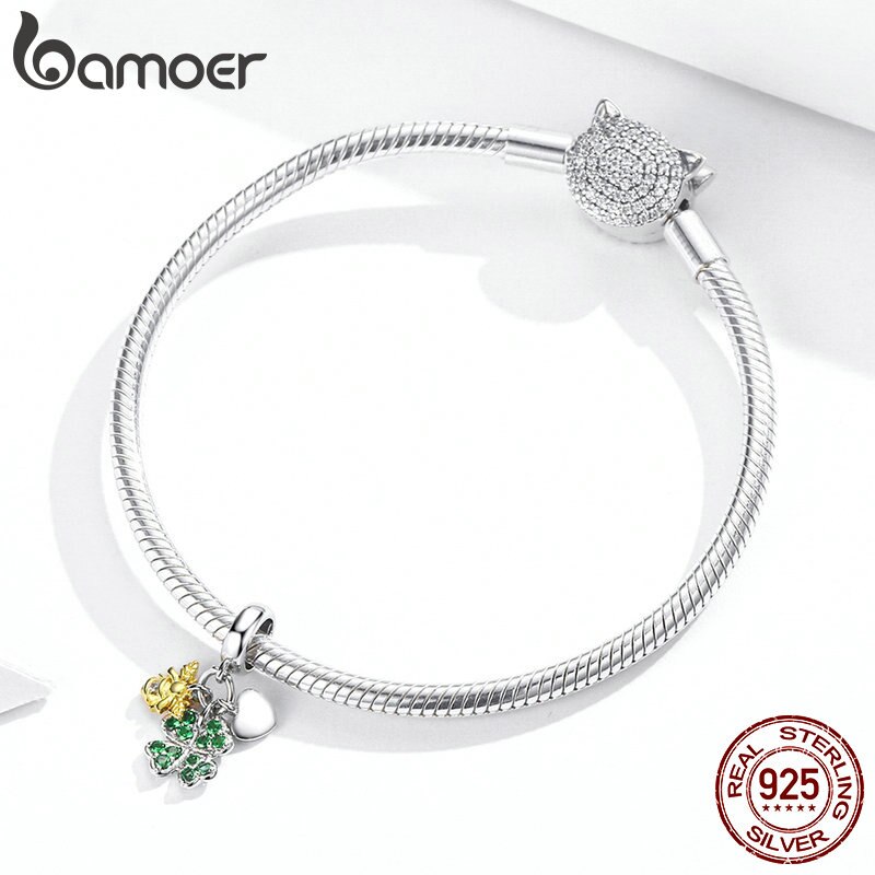 Hạt Charm Bamoer BSC303 Bằng Bạc 925 Đính Con Ong Cỏ Ba Lá Trái Tim Phong Cách Cổ Điển Làm Vòng Đeo Tay/ Dây Chuyền DIY