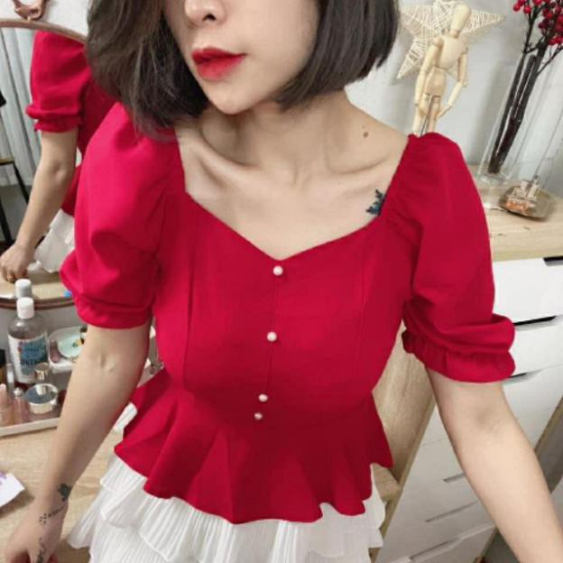 Áo nhún v khuy tay bồng bo chun hot hit