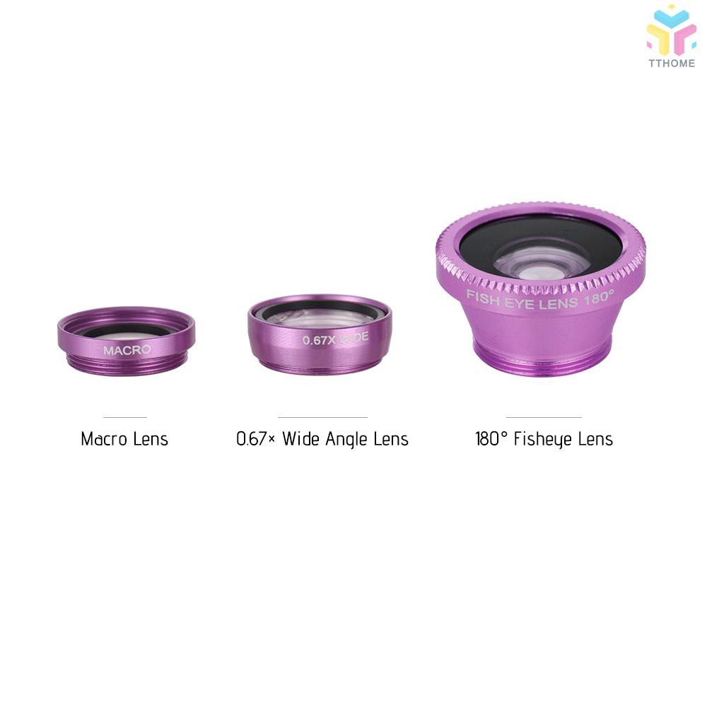 T&T Universal Clip Lens Kit 180° Mobile Phone Fisheye Lens 0.67× Wide Angle Lens Macro Lens 3 in 1 with Clip for iPhone