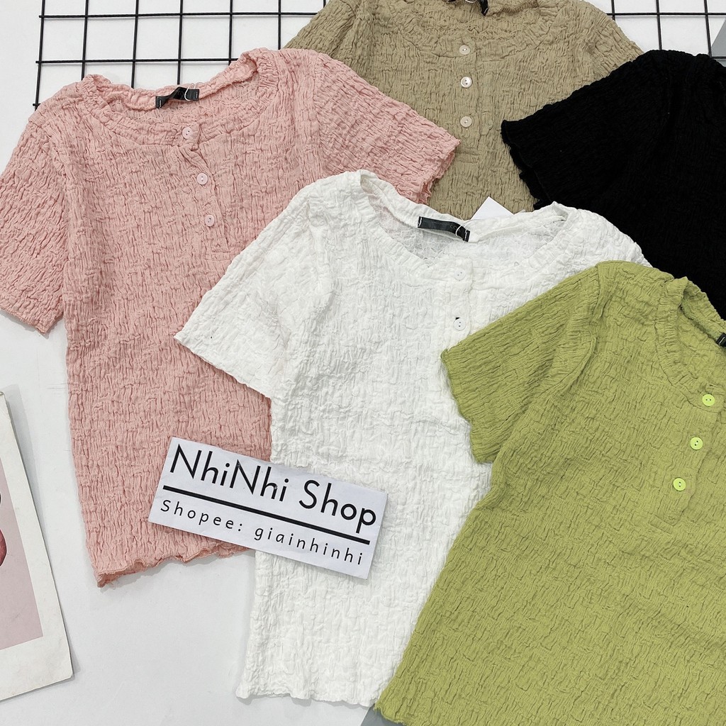 Áo kiểu thun xốp nhăn cúc ngực tôn dáng, Áo thun kiểu dáng ôm ngắn tay CS508 - NhiNhi Shop