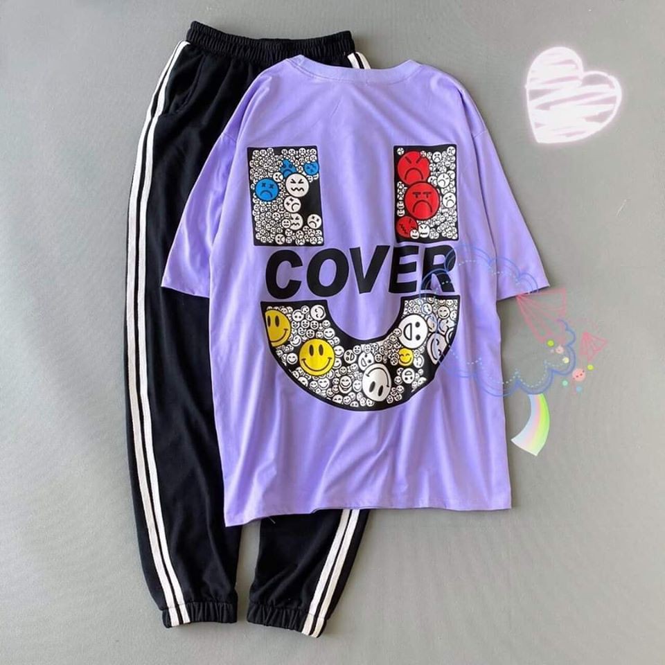Set áo tay lửng tím Uncover + quần kaki đen unisex