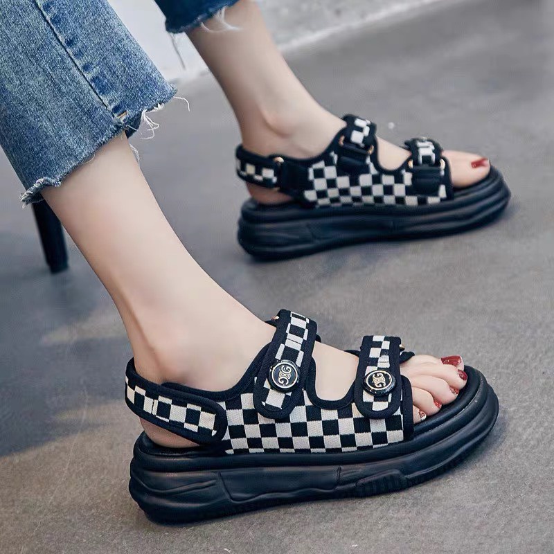 XẢ KHO (50) Sandal nữ quai kẻ caro đế 4 phân gợn sóng hàng QC (Mã 2201 - sandal)