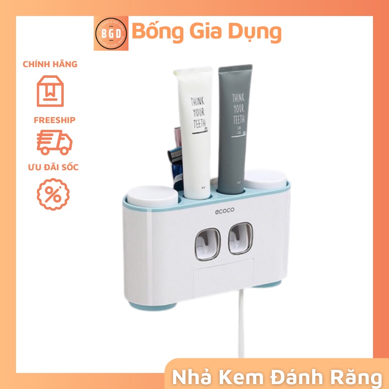 Nhả Kem Đánh Răng Cao cấp ECOCO 2 Đầu Nhả Kèm 4 Cốc Có Khe Để Đồ Dán Tường