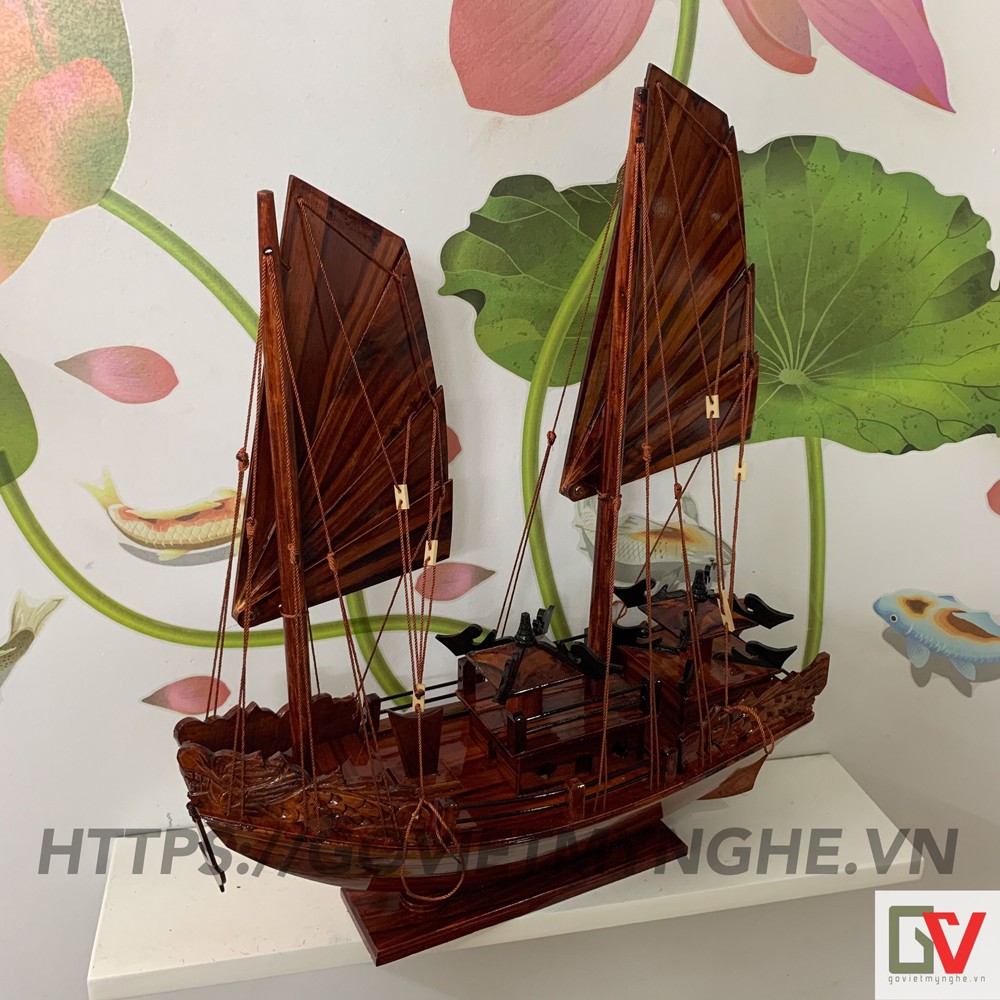 Mô hình thuyền gỗ trang trí thuận buồm xuôi gió - Mô hình Tàu gỗ Hạ Long Rồng cổ - Dài 40cm - Gỗ Tràm Tự Nhiên