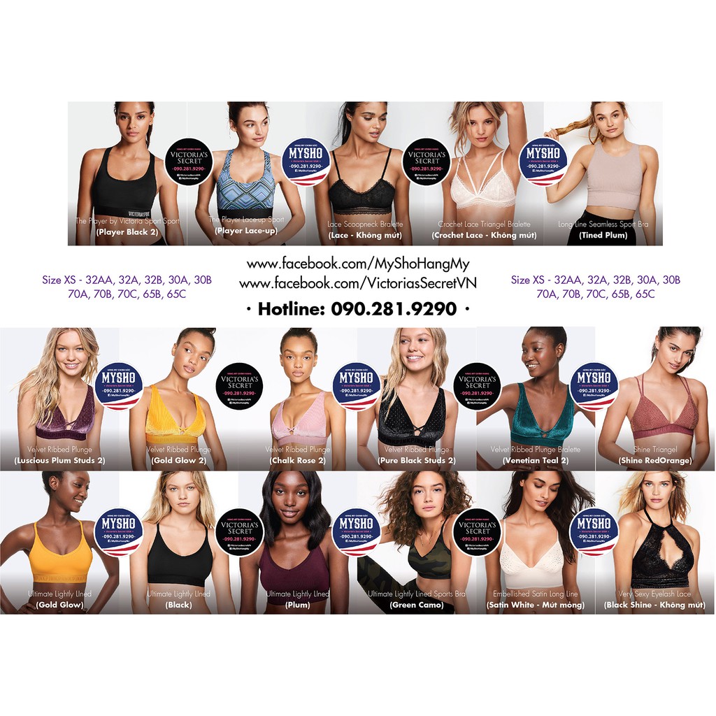 Áo lót 32AA, 32A, 32B, 30A, 30B, 70A, 70B, 70C, 65B, 65C - Size XS - Victoria's Secret USA