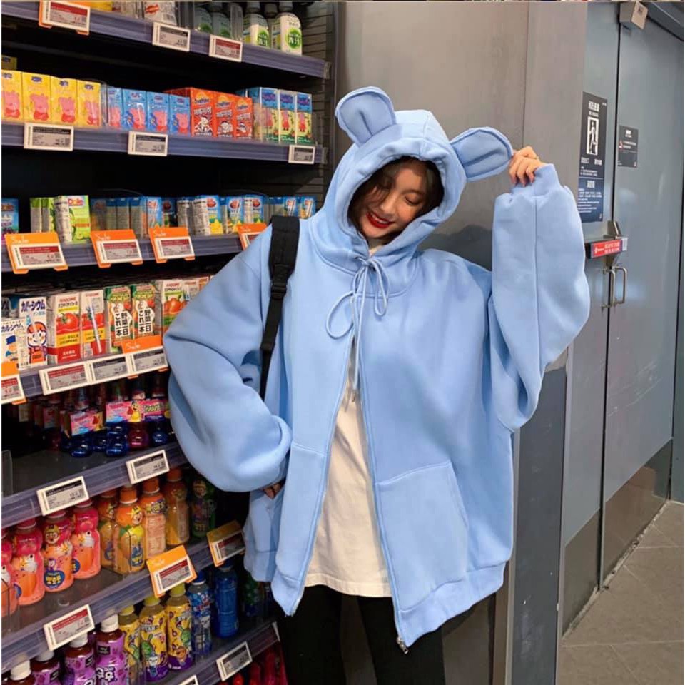 Áo Khoác Nỉ BEAREARS Nữ [FREESHIP] 🌸 Hoodie jackets mũ tai gấu khóa zip cute dễ thương màu XANH | HỒNG Ulzzang HOT 🌸 | BigBuy360 - bigbuy360.vn