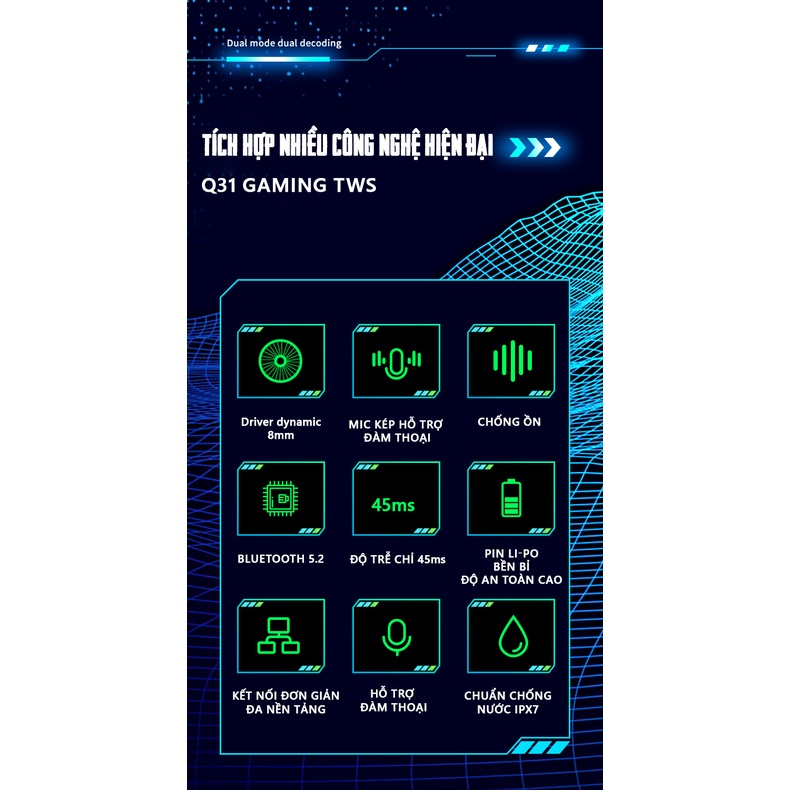 Tai nghe bluetooth gaming Q31 tai phone không dây nghe nhạc nhét tai thể thao chơi game không độ trễ chống ồn chủ động