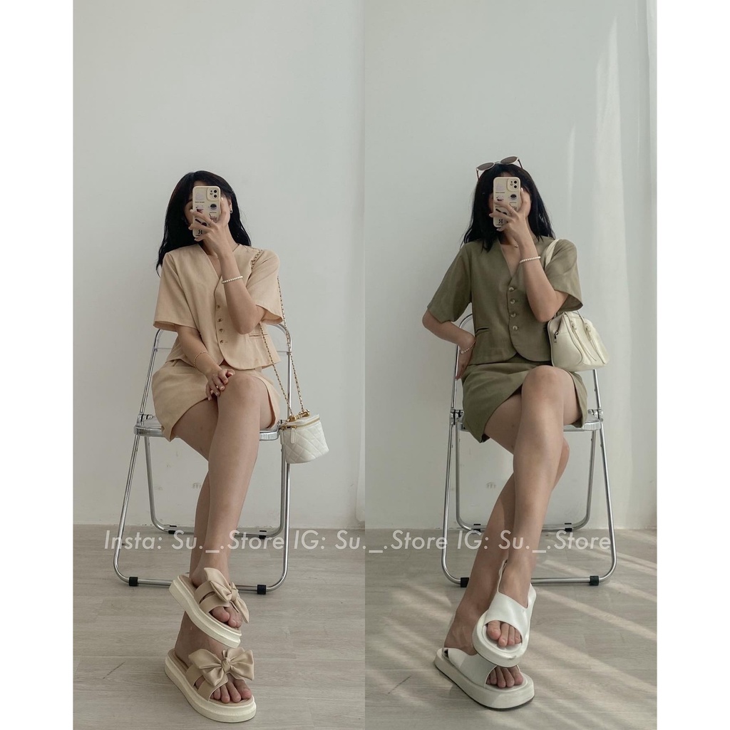 Set áo croptop cổ vest cúc dọc kèm chân váy trơn S343 SUSTORE