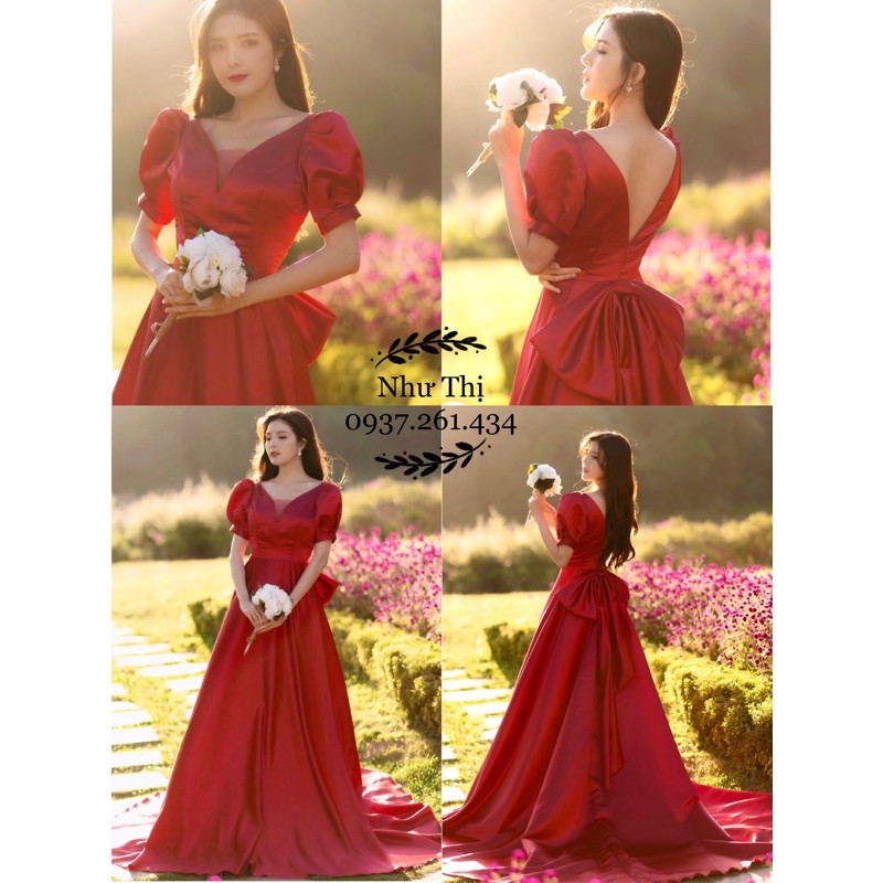 Váy cưới phi trắng tay phồng đuôi cá dài, dạ hội cưới đơn giản, váy cưới hàn quốc