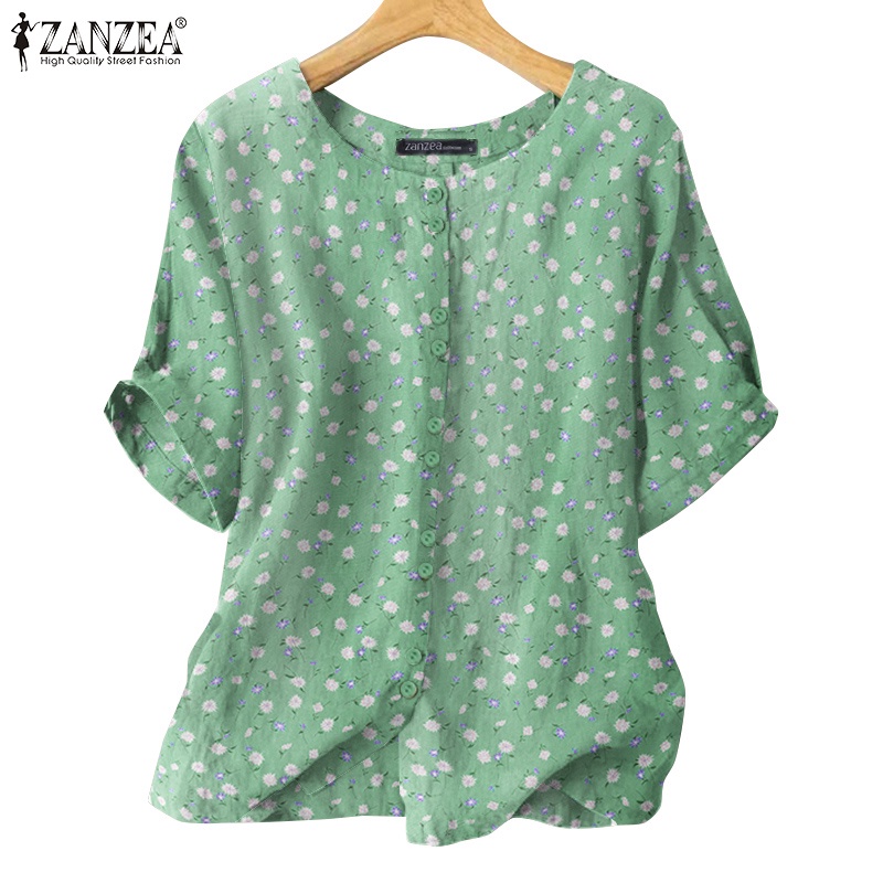 Áo sơ mi ZANZEA tay ngắn cổ tròn in họa tiết hoa phong cách cổ điển thời trang cho nữ
