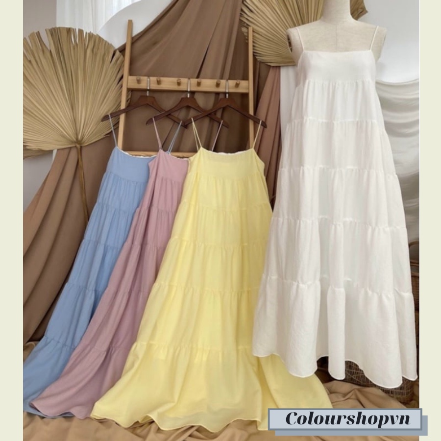 Đầm maxi 2 dây, đầm form babydoll thiết kế nhiều tầng tone màu pastel