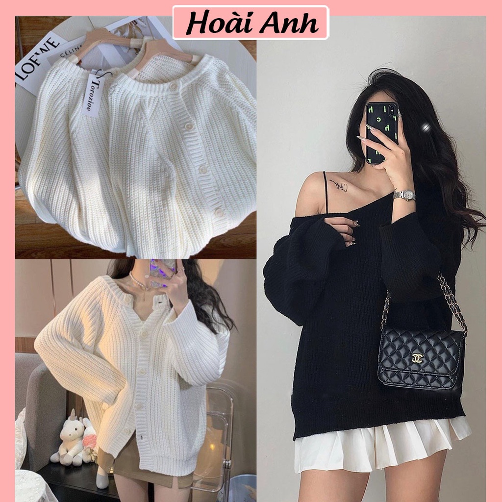 Áo Khoác Len Trắng Mặc Được 2 Mặt Trước Sau Áo Khoác Cadigan Cổ Rộng Form Rộng Basic Ullzang