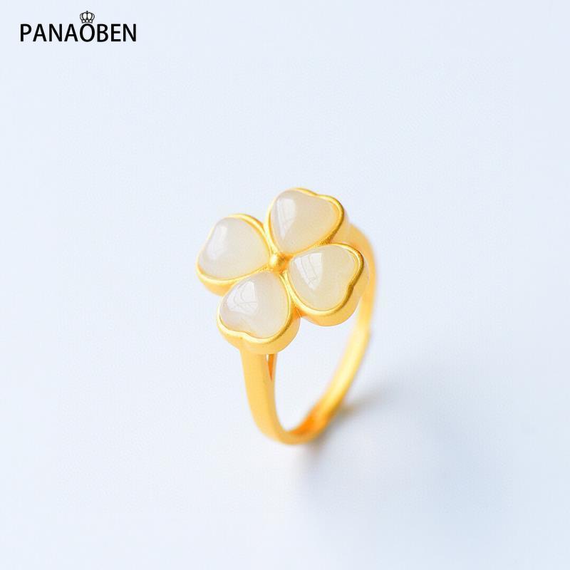 Nhẫn Bạc S925 Đính Đá Ngọc Bích Tự Nhiên Hình Cỏ Ba Lá Không Phai Màu Ngọt Ngào Cho Nữ