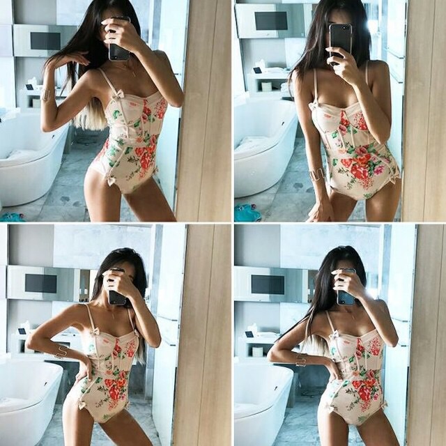 Bikini một mảnh hoa hồng phối viền đẹp