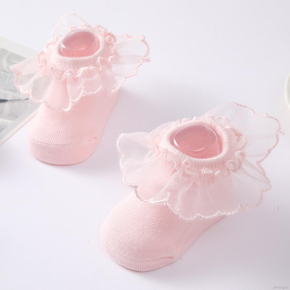 Tất cotton phối ren thoáng khí chống trượt cho bé gái
