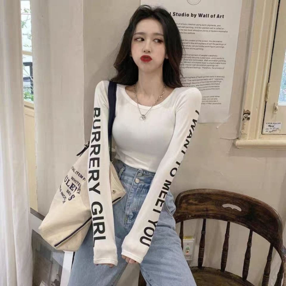 Áo Thun Tay Dài Cổ Tròn Dáng Ôm In Họa Tiết Màu Sắc Tương Phản Thời Trang Mùa Thu Xinh Xắn Cho Nữ