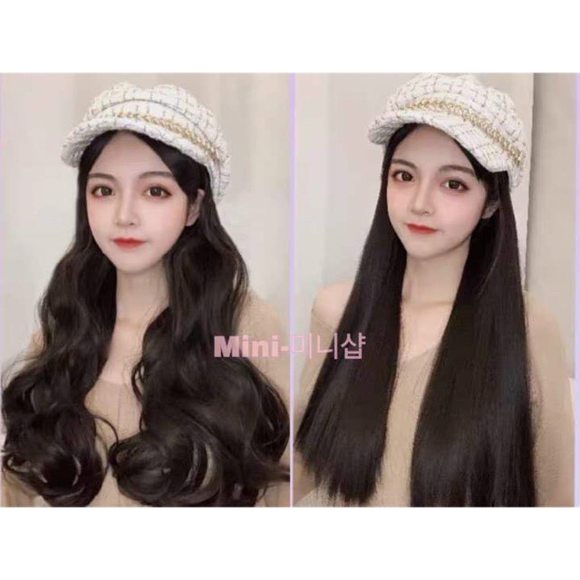 Bộ tóc giả dài uốn gơn sóng phối mũ lưỡi trai thời trang thu đông cho nữ