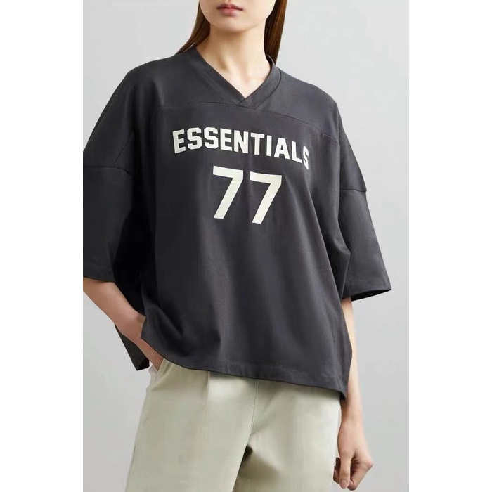 FEAR OF GOD FOG Season 8 Double Line ESSENTIALS 77 Letter V-Neck Short Sleeve Couple T-Shirt