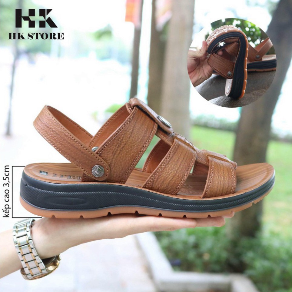 Dép sandal nam trung niên 💝 HK.STORE 💝 da bò xịn kết hợp đế kếp cao 3,5cm cực đẹp khâu may chân quai công nghệ 2021.