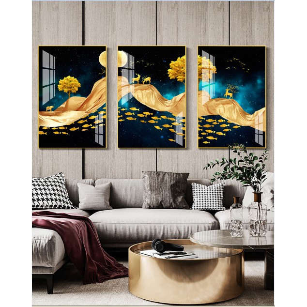 Tranh treo tường tráng gương cao cấp bộ 3 tranh decor hươu vàng phòng khách- GD38
