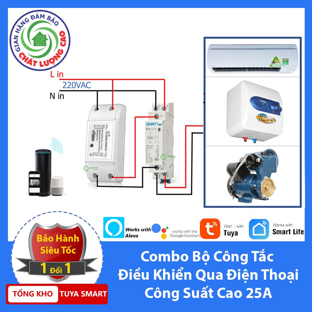 Bộ công tắc điều khiểu từ xa wifi công suất lớn 25A  1 công tắc smart life và 1 khởi động từ CHINT 25A