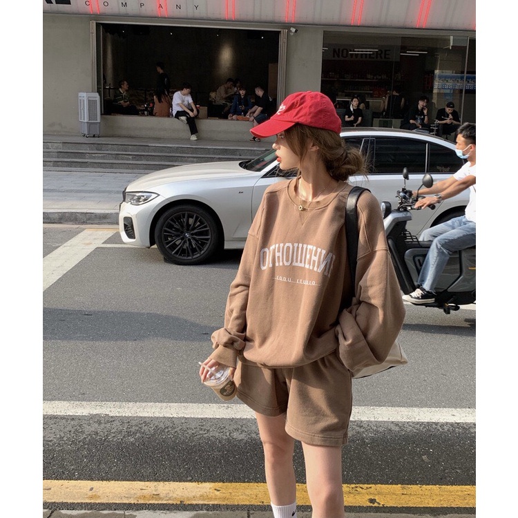 Bộ thể thao nam nữ nỉ OTHO phom rộng tay dài trẻ trung cá tính/ Set áo sweater cổ tròn in chữ kèm quần đùi ống rộng