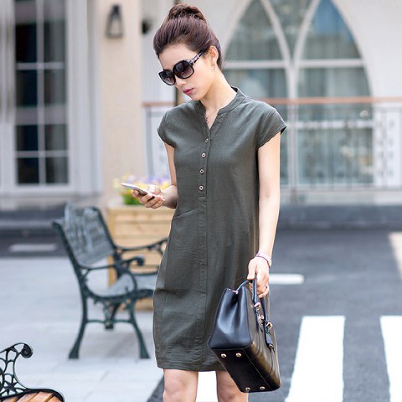 Đầm suông linen cổ tàu túi bên hông, chất vải linen tự nhiên, thời trang phong cách Hàn