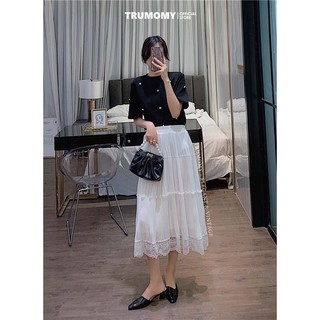 Chân váy voan dài dập ly Công sở midi 2 lớp phối ren Quảng Châu - Trumomy Women’s Skirts