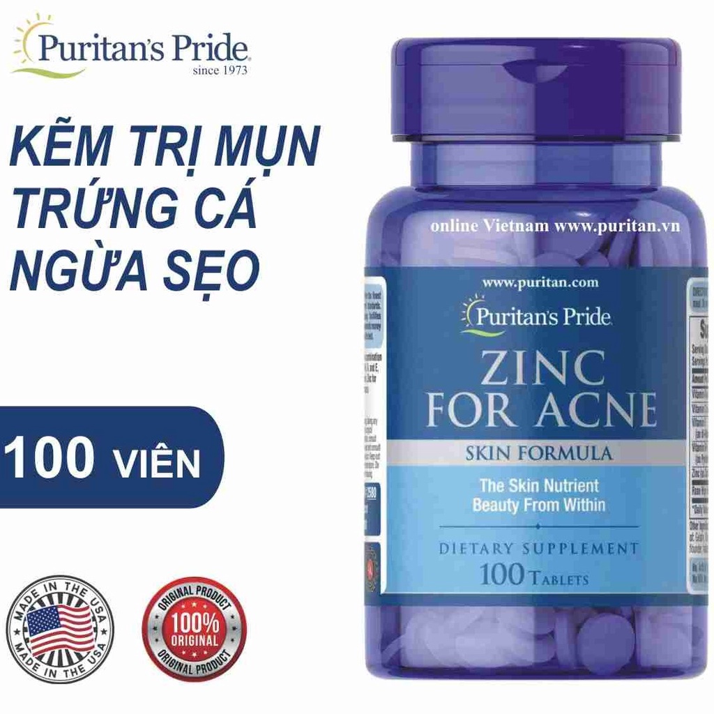 (bill hãng) Viên uống bổ sung kẽm Zinc For Acne Puritan's Pride 100 viên