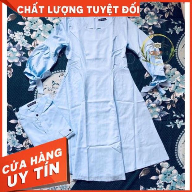 Set đôi váy cổ tròn sơmi nam xanh thiên thanh thanh lịch du lịch, chụp ảnh đẹp (Ảnh shop chụp) Giá rẻ