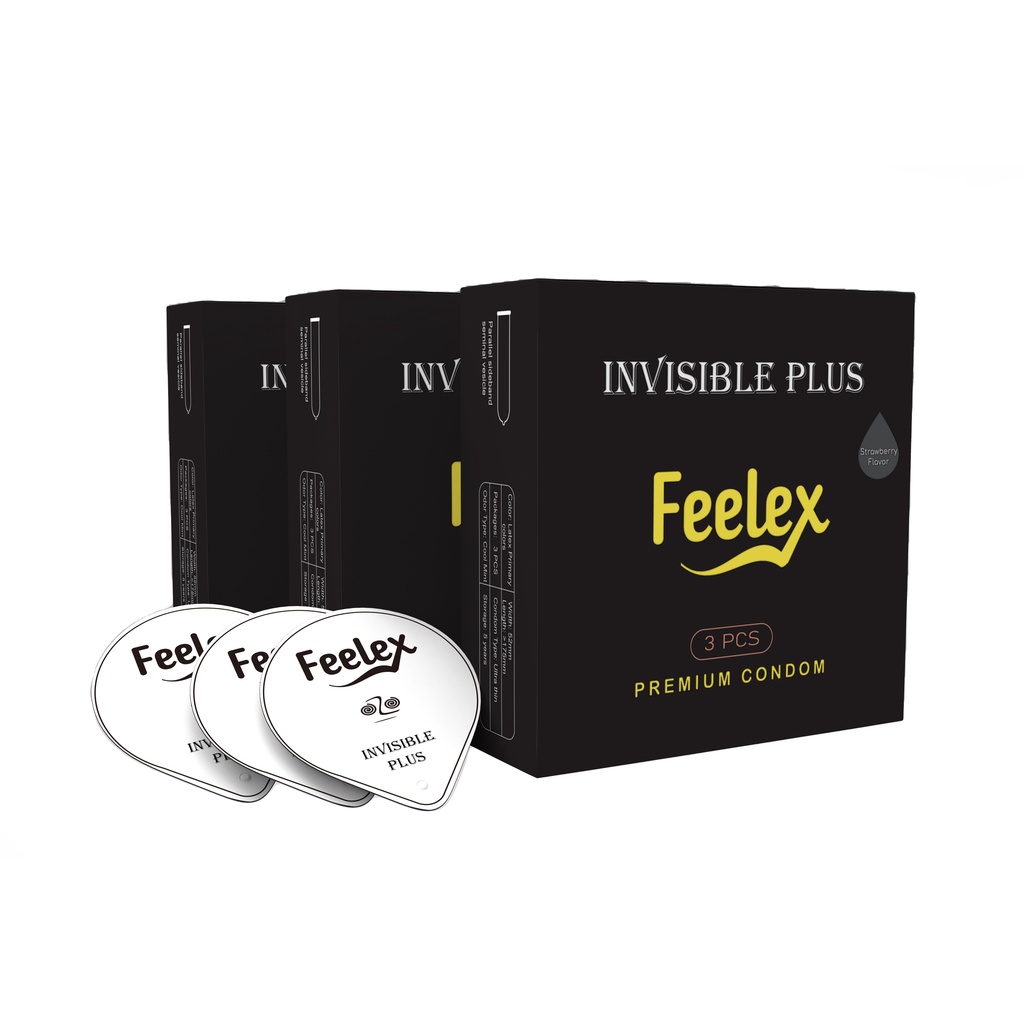 Bao cao su Feelex Invisible Plus, mỏng, nhiều gel bôi trơn, hương dâu, hộp 03 bcs