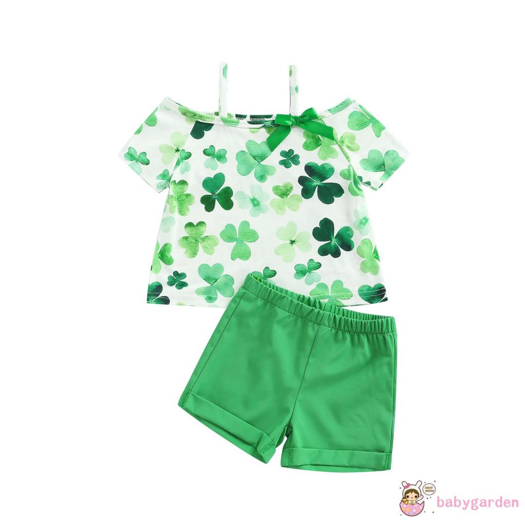 Bộ áo thun tay ngắn in hình cỏ ba lá + quần short màu xanh lá cây trơn thời trang cho bé gái 1-6 tuổi
