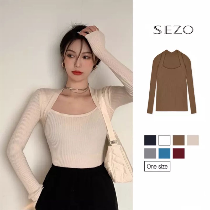 QKOOLE  Áo dệt kim cổ vuông tay dài thời trang retro Hàn Quốc dành cho nữ