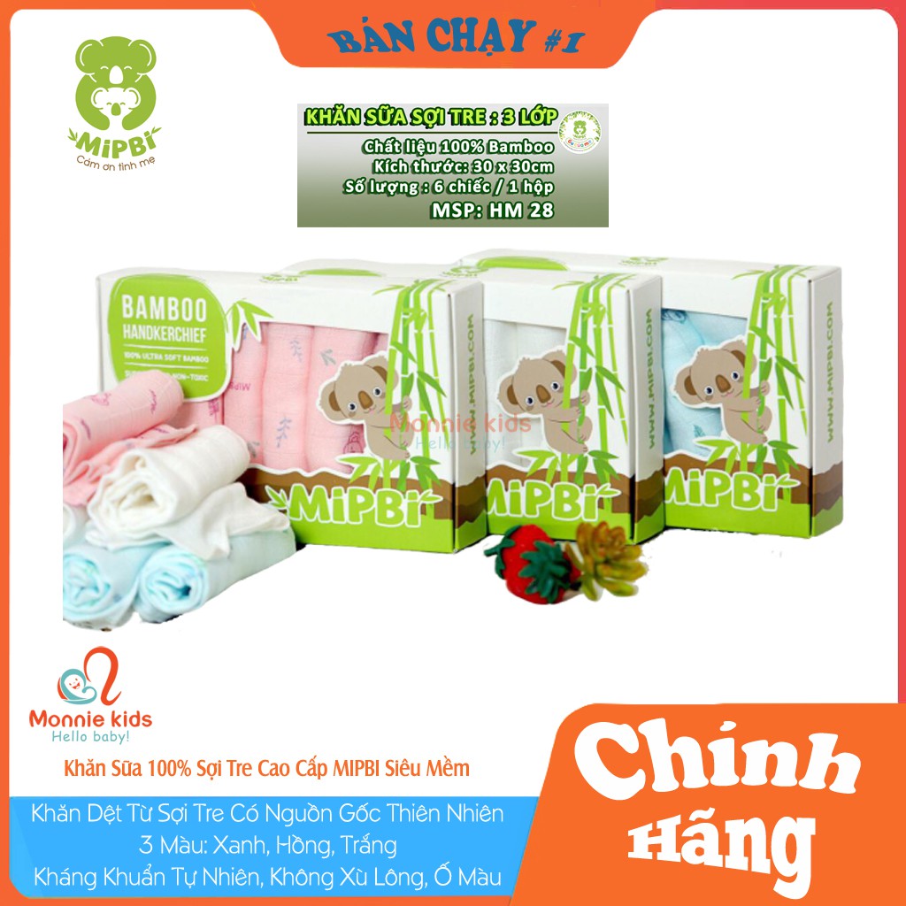 Set 6 khăn sữa MIPBI 3 Lớp Sợi Tre Cao Cấp 30x30cm