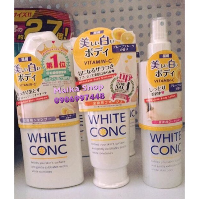 White Conc tẩy tế bào chết, sữa tắm trắng, lotion trắng da