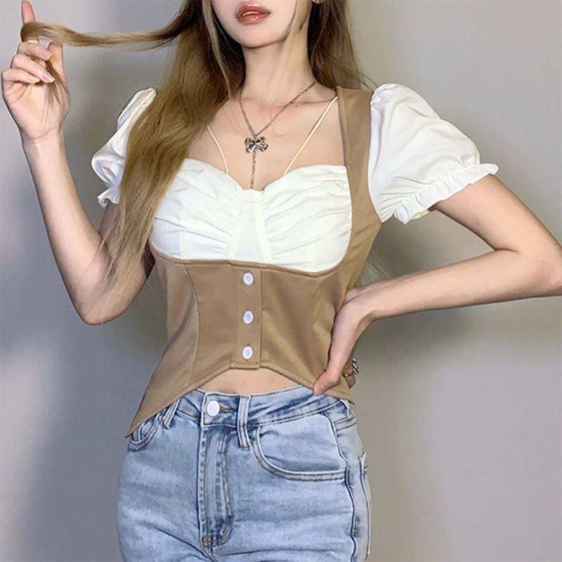 Áo Croptop Ngắn Tay Cổ Vuông Thiết Kế Lệch Tà Thời Trang Cho Nữ