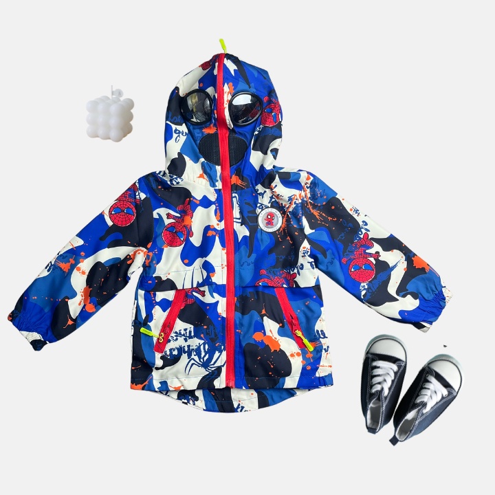 Áo khoác người nhện Spiderman có đèn trùm kín đầu có kính chống bụi, chống nắng cho bé trai từ 20kg - 34kg