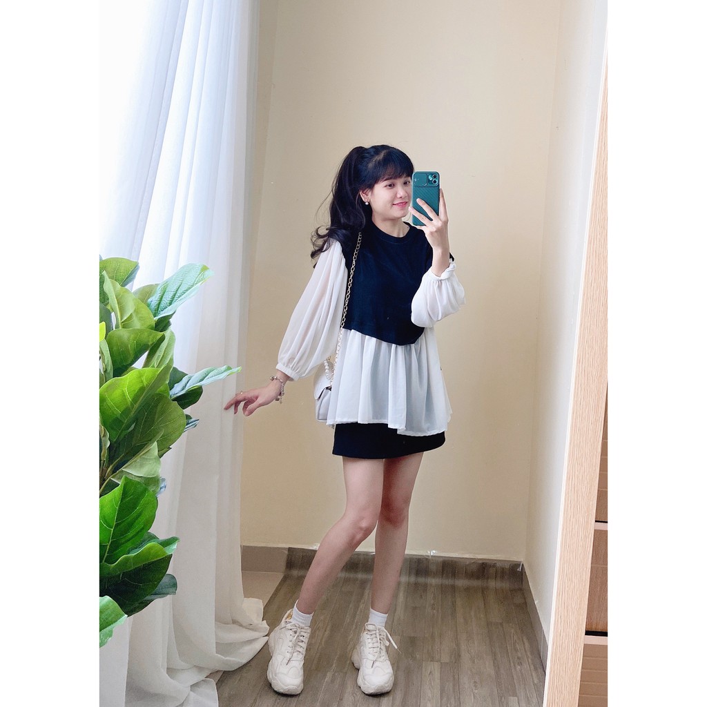 Váy Style Hàn Quốc Cực Xinh, Váy Babydoll Kiểu Dáng Tiểu Thư, Phối 2 Màu Đen Trắng Tay Ôm Vải Voan Mát Dễ Chịu.1399