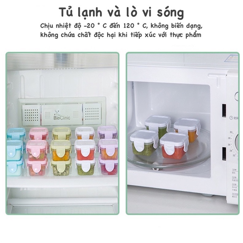 Hộp trữ đông, hộp trữ đồ ăn dặm cho bé 60ml và 150ml có nắp đậy, bảo quản đồ ăn dặm cho bé dùng được trong lò vi sóng