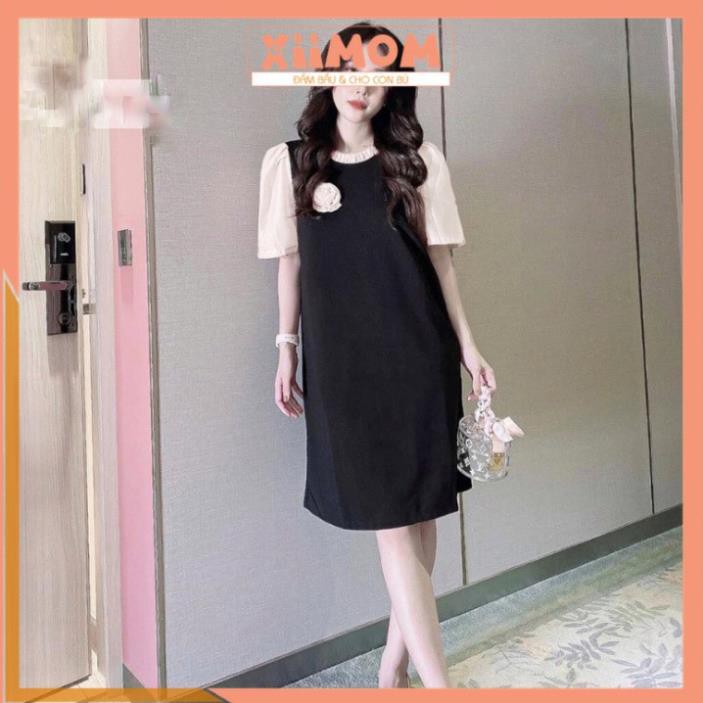 Váy bầu đẹp - đầm bầu công sở dáng suông đen hoa ngực phối tay voan freesize tới 70kg BN42 - Xiimom 👗