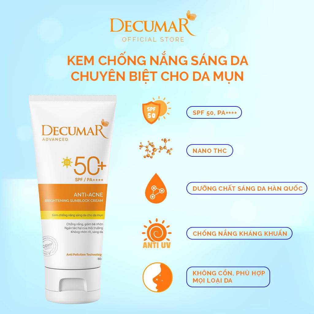 Combo 3 sản phẩm ngừa mụn sáng da Decumar Advanced THC White (Gel mụn thâm+Gel rửa mặt sáng da+Kem chống nắng sáng da)