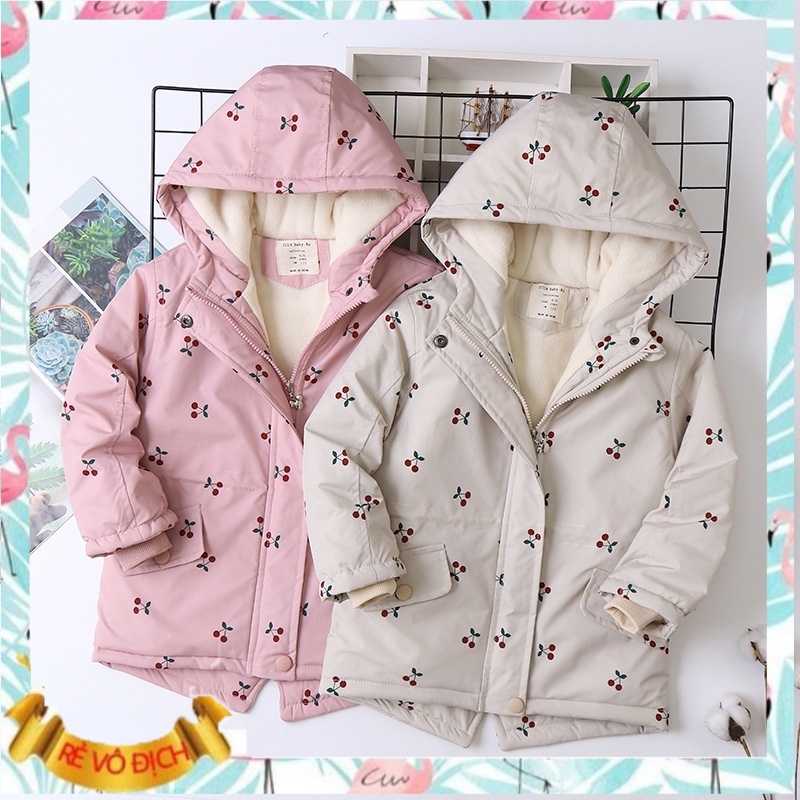 Áo parka bé gái 4-14 tuổi hình quả chery bên trong lót lông, Áo khoác cho bé hàng xuất khẩu xịn sò