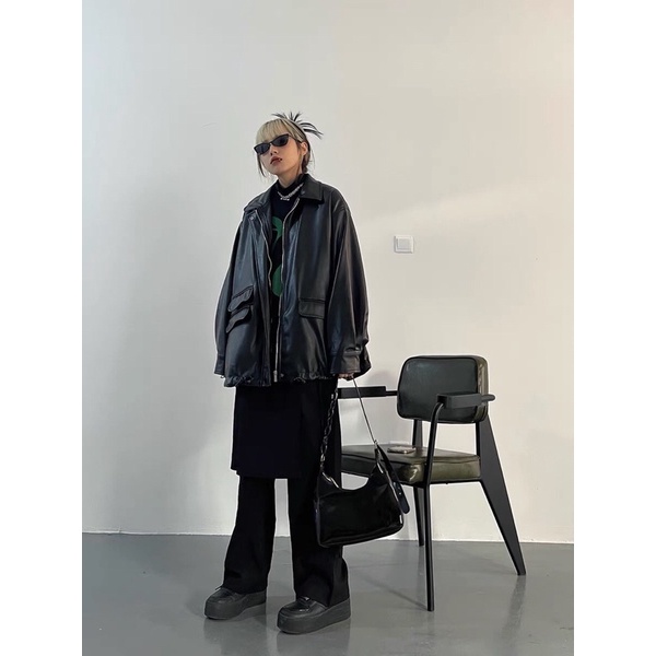 Áo khoác da phối túi