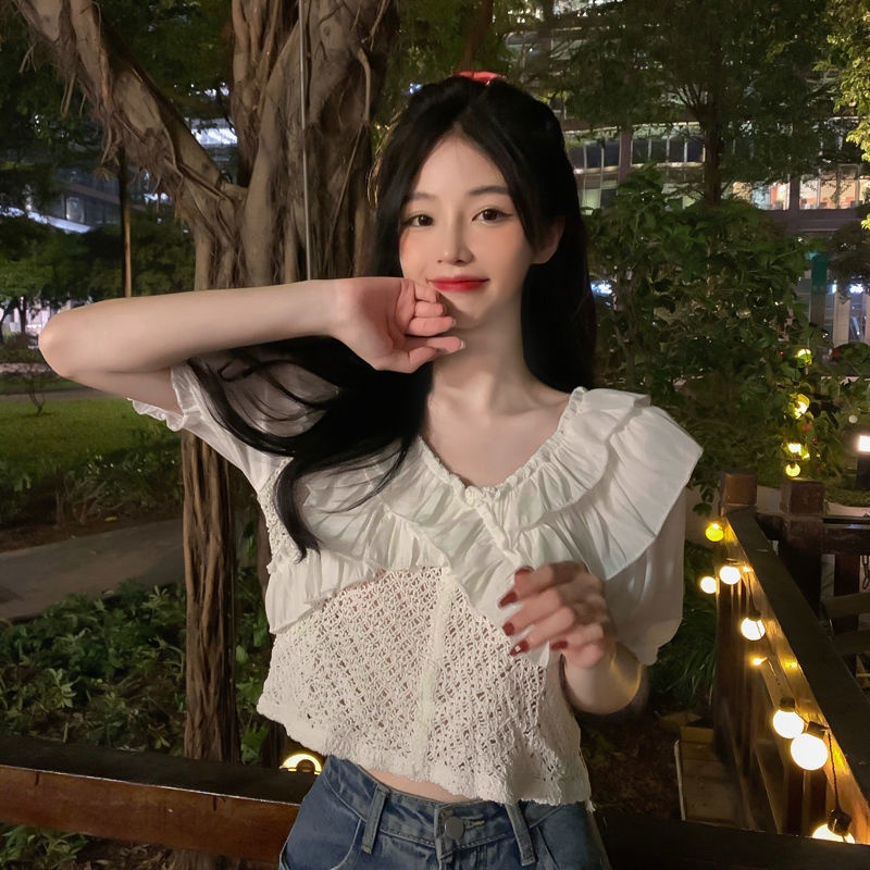 Áo Sơ Mi Chiffon Tay Ngắn Cổ Bẻ Phối Bèo Phong Cách Hàn Quốc Thời Trang Cho Nữ