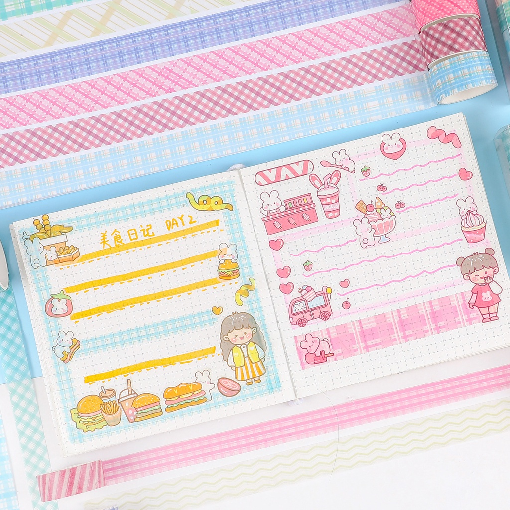 Bộ 5 cuộn washi grid màu pastel dễ thương băng keo dùng trang trí sổ tay | BSW127
